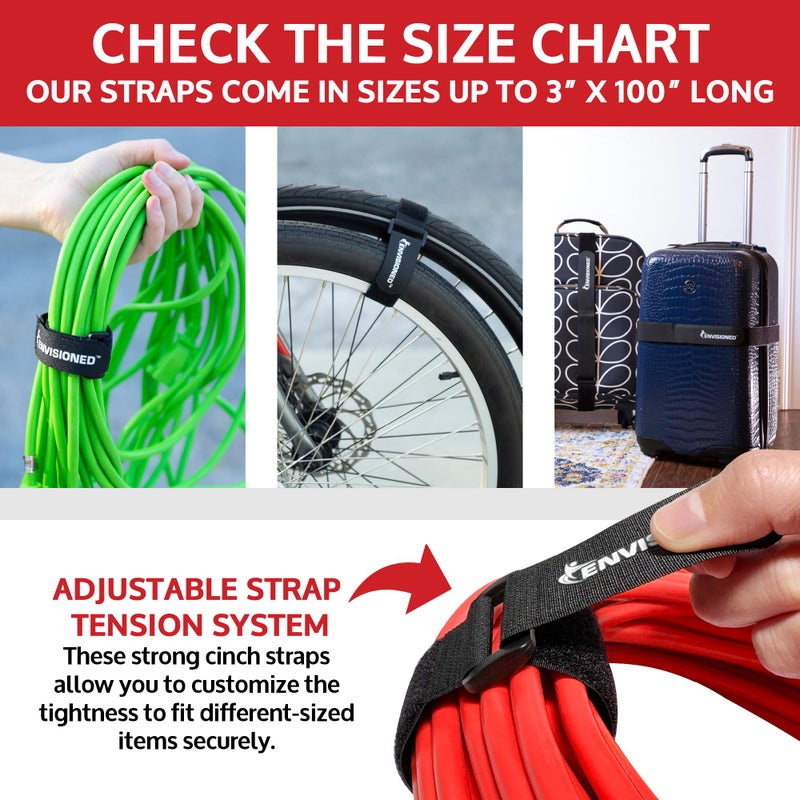 ENVISIONED Reusable Cinch Straps 1" x 15" - 12 Pack, Multipurpose Quality Hook and Loop Securing Straps (Black) - Plus 2 Free Bonus Reusable Cable Ties - Image 3
